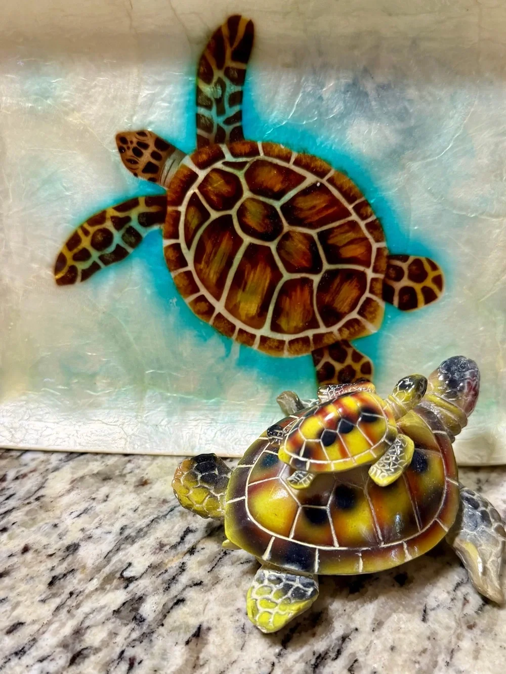 Hand-Painted Sea Turtle Figurine - Seashell platter with hand painted Sea Turtle